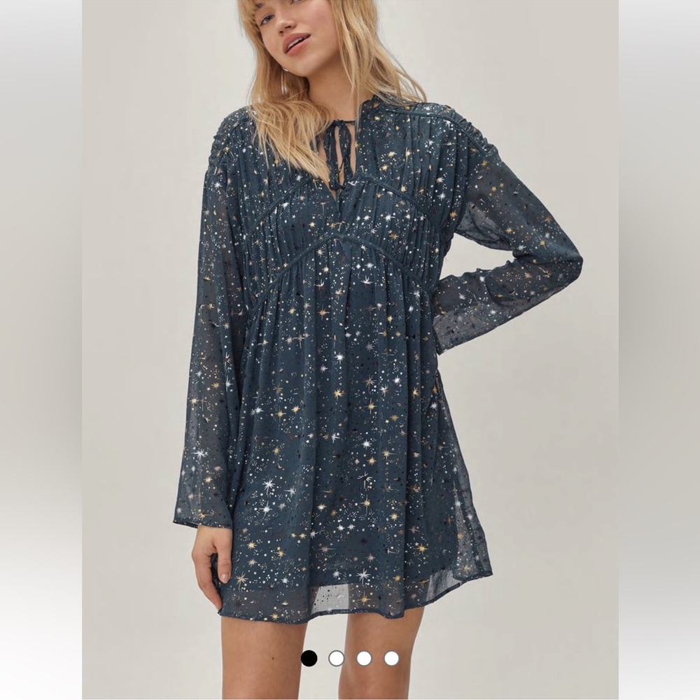 Celestial tie neck smocked mini dress